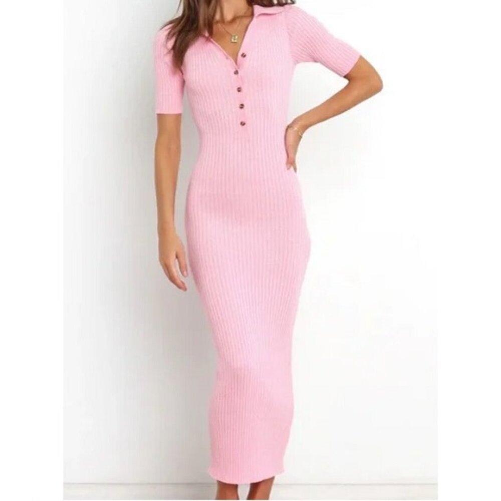 Petal and Pup Sarae Ribbed Knit Polo Maxi Dress 4 Pink Short Sleeve Pastel